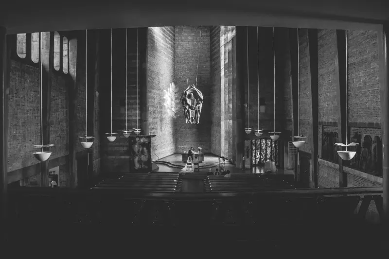 st. michel würzburg germany wedding, modern brick church interior, black and white