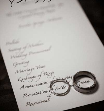 Wedding invitation suite with two rings and a pencil on Sparks Photography stationery