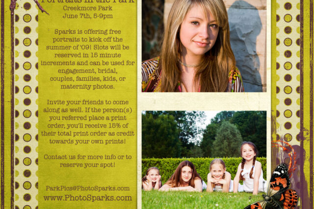Promotional card announcing the 2009 Sparks Summer Tour offering free park photos at WaterWorks Park
