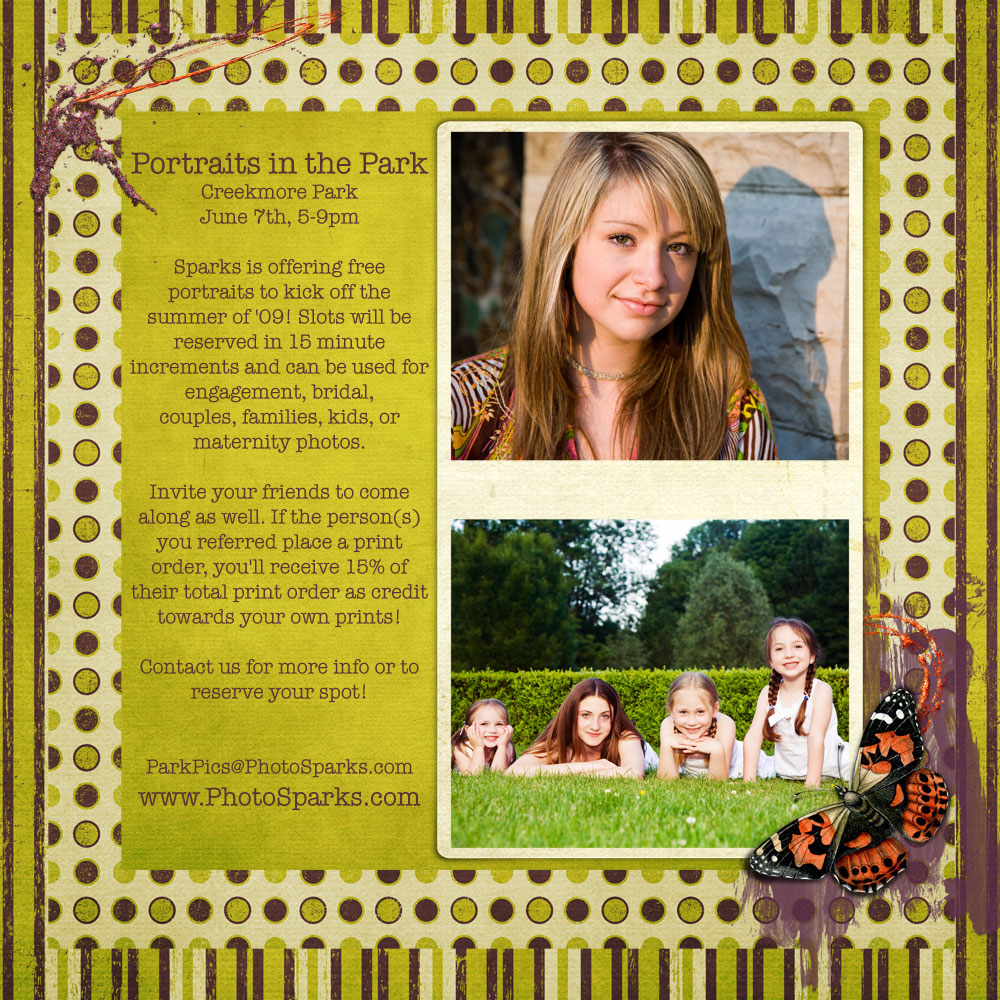 Promotional card announcing the 2009 Sparks Summer Tour offering free park photos at WaterWorks Park