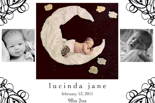Newborn baby curled in a crescent moon pillow beside black-and-white portraits and birth details.