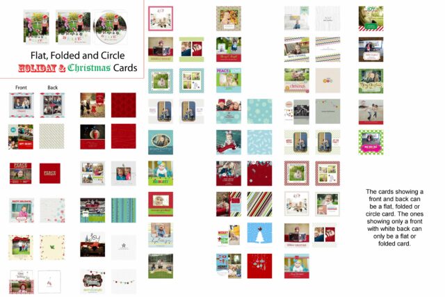A grid layout displays numerous flat, folded, and circle holiday and Christmas card design previews.