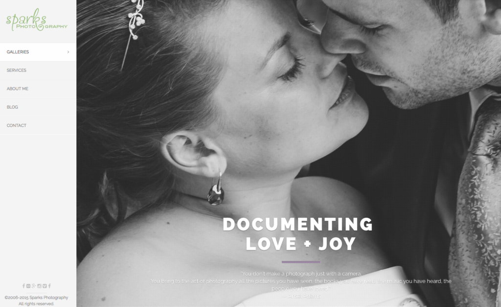 Screenshot of the Sparks Photography homepage with a black and white wedding portrait under the words Documenting Love and Joy