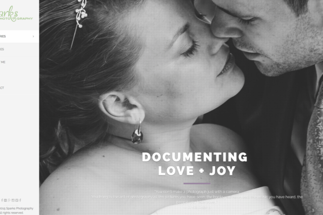 Screenshot of the Sparks Photography homepage with a black and white wedding portrait under the words Documenting Love and Joy