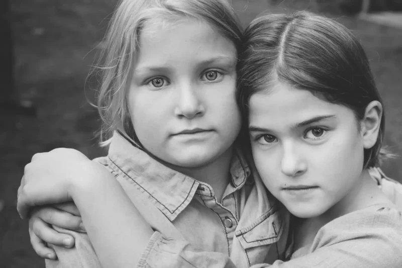 Black-and-white portrait of two girls embracing, one resting her chin on the other's shoulder